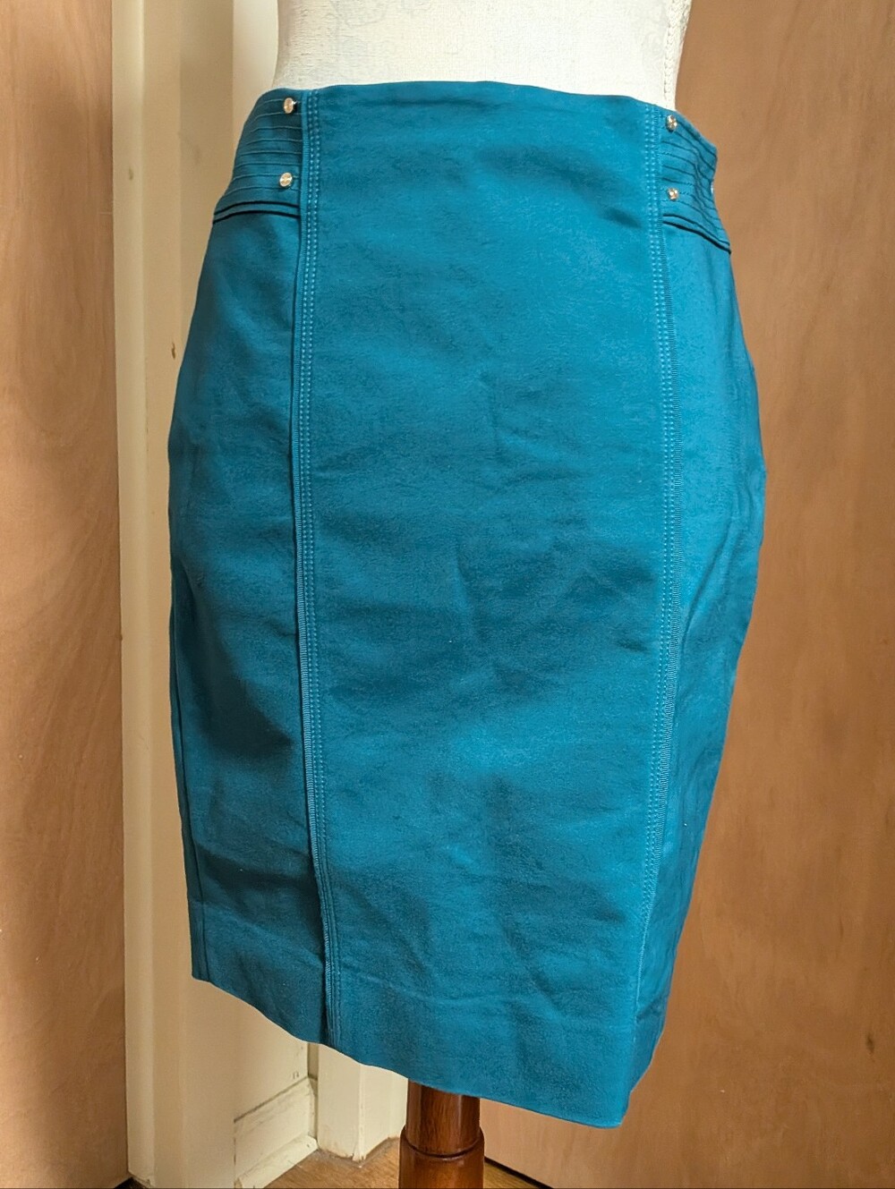 White House Black Market Teal Blue Pencil Skirt Gold Button Detail Size 6